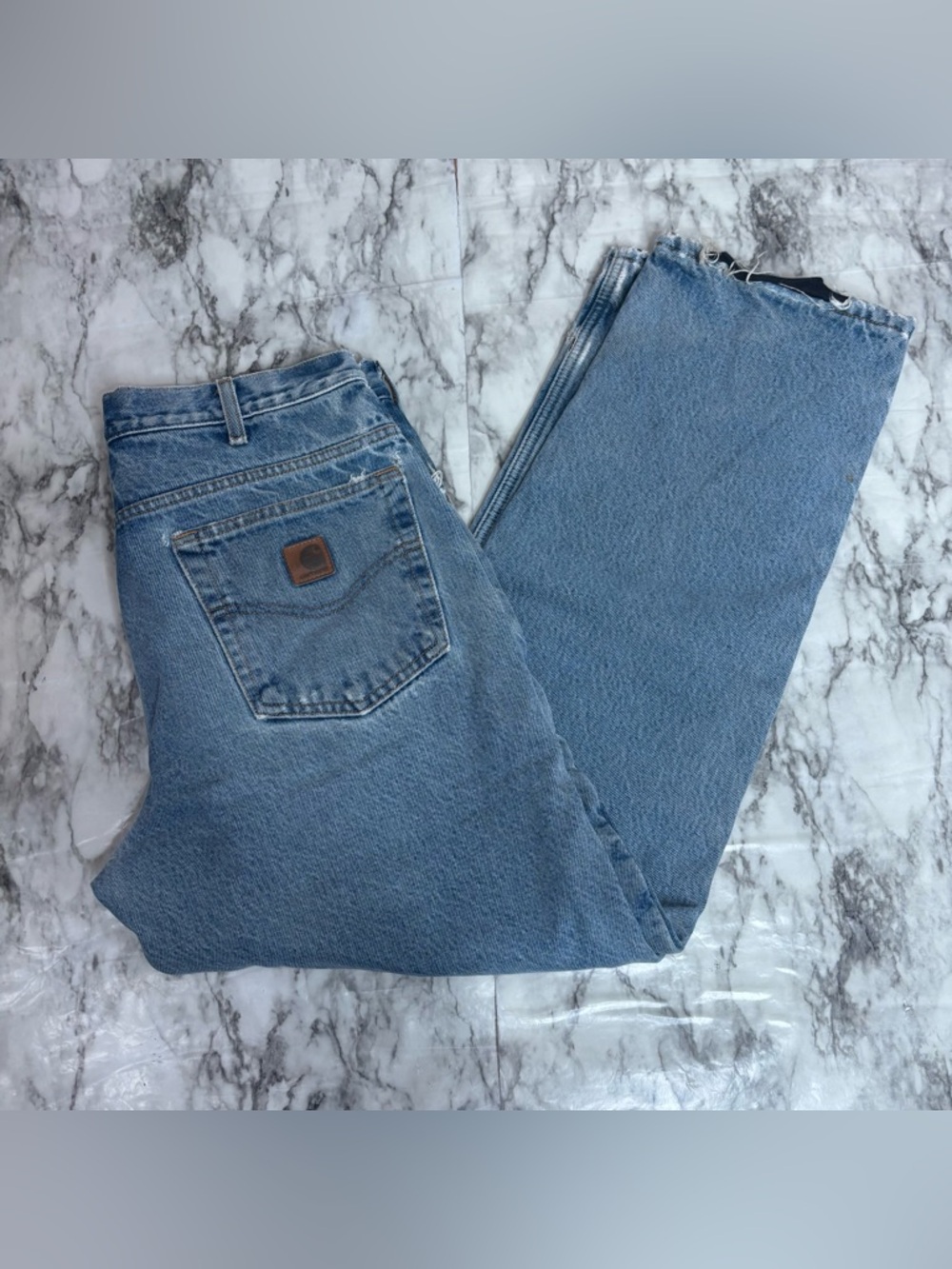 Carhartt 33x30 fleece lined Light Blue Straight Leg Jeans workwear distressed